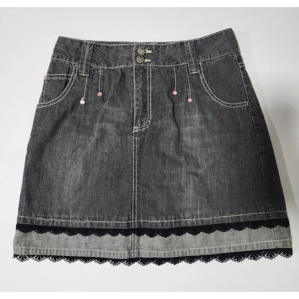 Bratz VVtg Y2K Denim Mini Skirt Girls Size 16 Black Lace Trim Pink Rhinestones